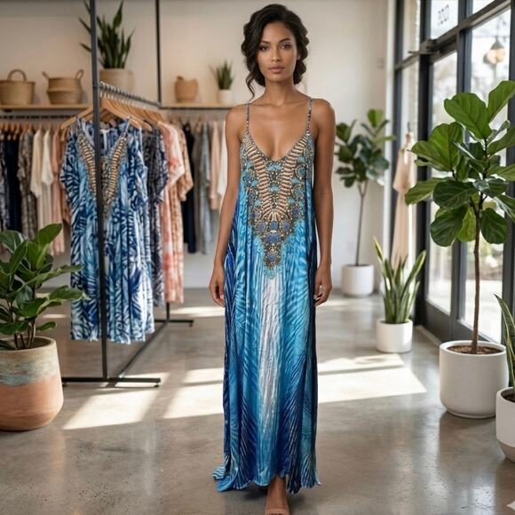 True Colors By La Moda Other - True Colours La Moda Blue Exotic Racerback Maxi Dress Cover Up S/M Resort Beach